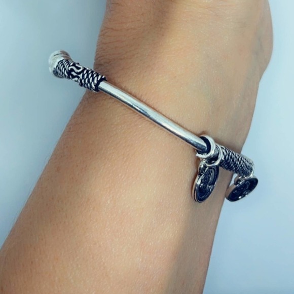 Handcrafted Coin Charm Bracelet | Adjustable Tibetan Silver Boho Bangle - Picture 11 of 15
